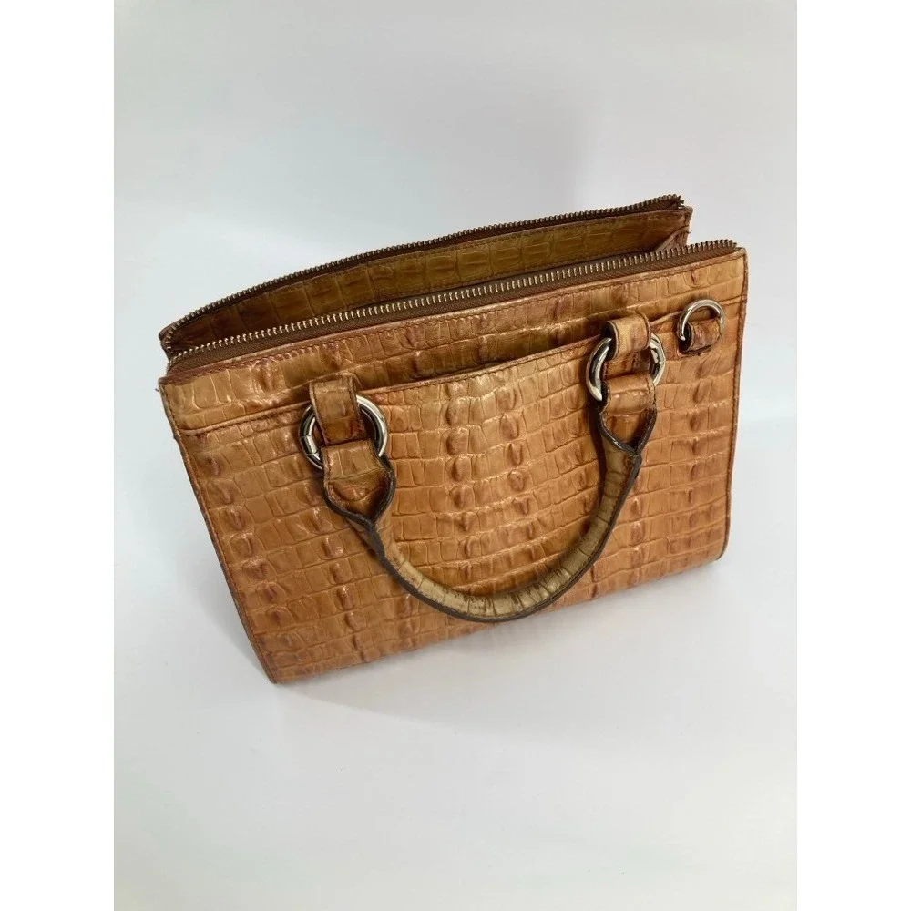 Brahmin Pecan Croc Embossed Leather Satchel Handbag Tan Zip Top Small Tote